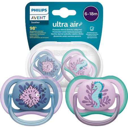 Ортодонтични залъгалки Philips-Avent Ultra Air, 2 броя, със стерилизаторна кутия, риба балон/морско конче, 6-18 м