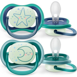 Ортодонтични залъгалки Philips-Avent Ultra Air Night, 2 броя, със стерилизаторна кутия, звезда/луна, 6-18 м