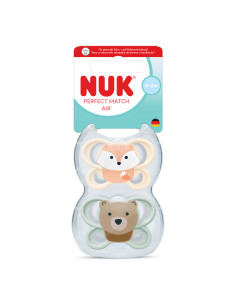 NUK Perfect Match биберон залъгалка, силикон, 0-2 мес., 2 бр., AIR, Лисица/Мече
