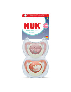 NUK First Choice биберон залъгалка, силикон, 6-18 мес., 2 бр., Night, Заек/Овца