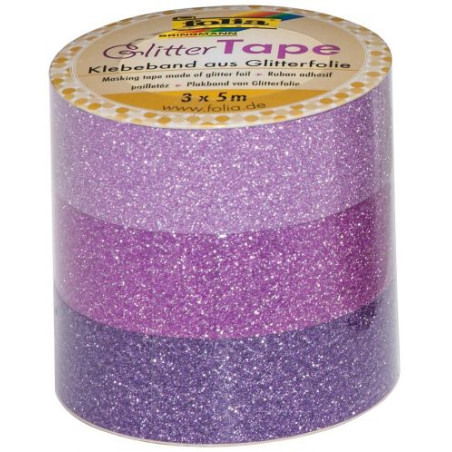 Блестящо декоративно тиксо Folia - Washi Tape, розово-лиалаво, 3 броя
