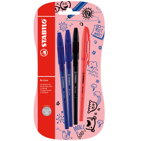 Комплект химикалки с капачка, Stabilo, Re-Liner F, 4 броя