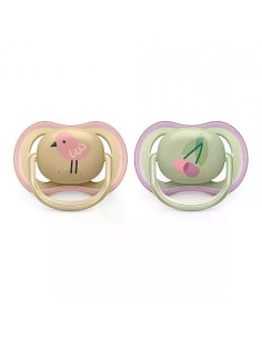 2 броя ортодонтични залъгалки Philips AVENT SCF085/13 Ultra Air с декорация Череши и Птица в кутия за стерилизиране